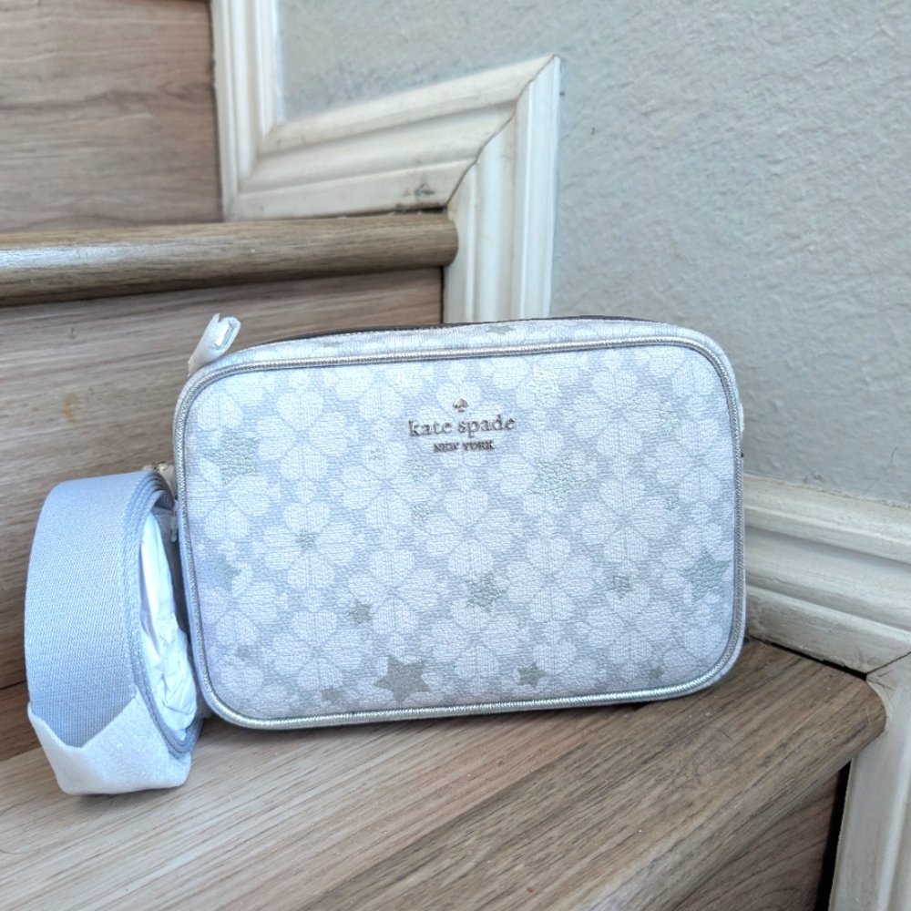 NWT Kate Spade KK062 Spade Flower Star Toss Mini Camera Bag Crossbody Plat. Grey